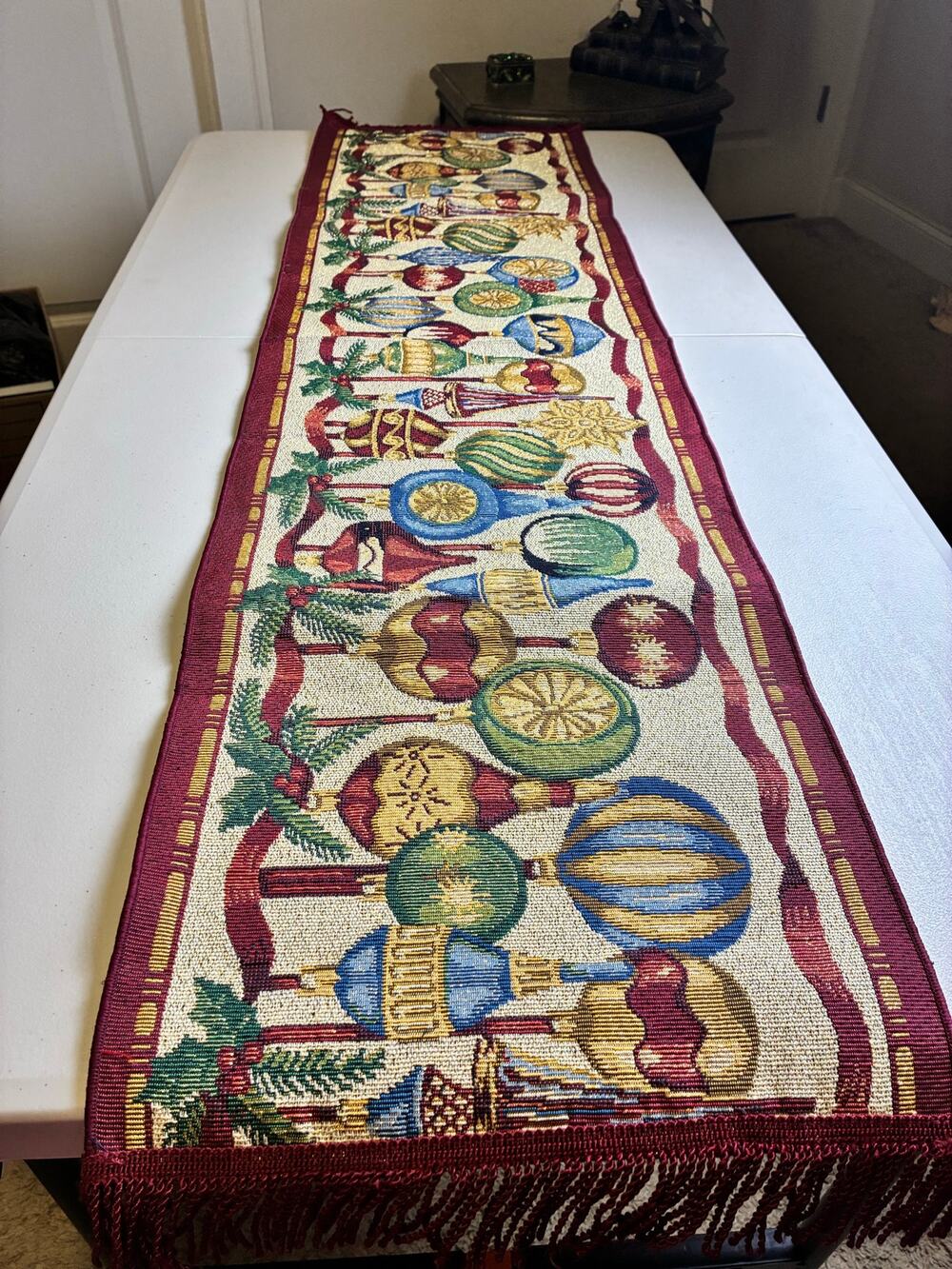 Vintage Christmas Tapestry Table Runner Holiday Ornament Garland Fringe 50" x 13